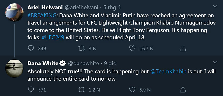 Ferguson vs. Gaethje dẫn đầu, UFC 249 sẽ đấu mà không có Khabib Nurmagomedov